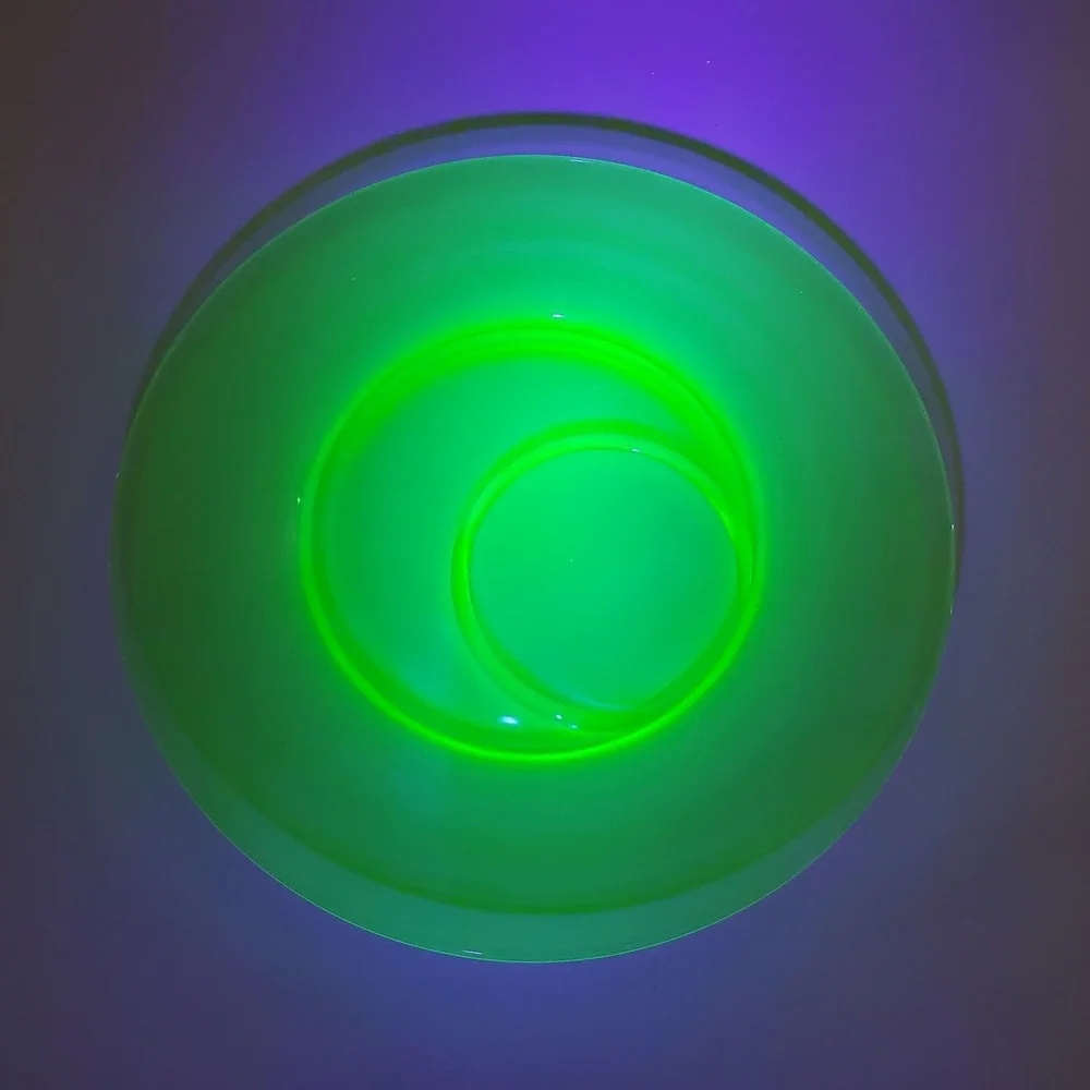 Vintage Green Uranium Glass Snack Plate 9 inch Round Cup Holder Depression Glass